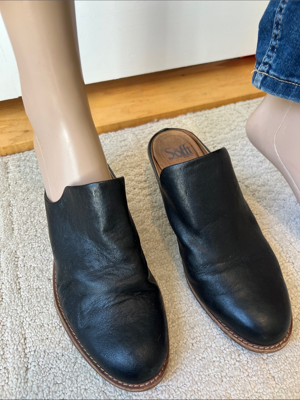 Sofft Black Leather Slip-On Mule with Brown Trim